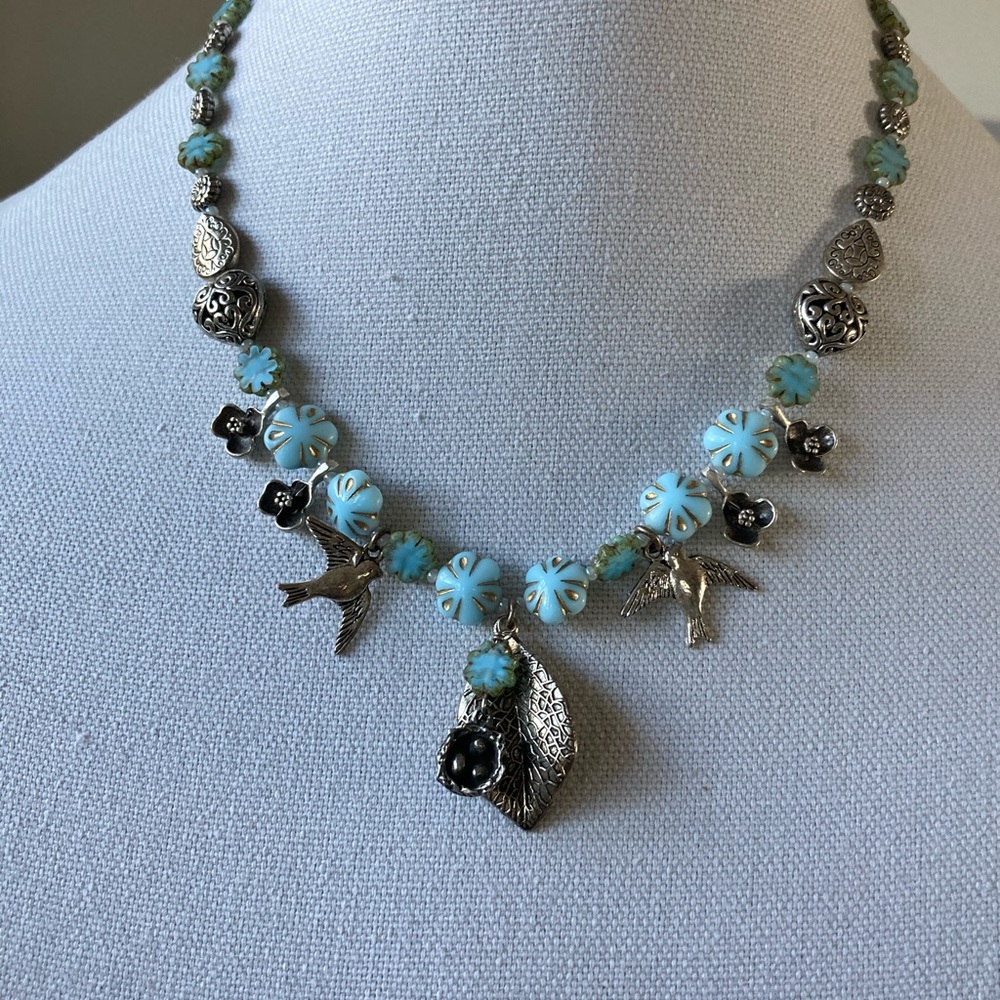 New Laura Hansen Designs Blue Floral, Birds, Hearts & Neat Necklace